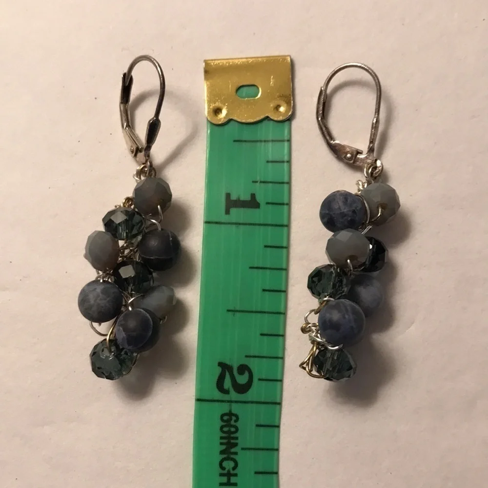 Earrings handcrafted blue & gray tiny balls hung on silver lever backs EUC